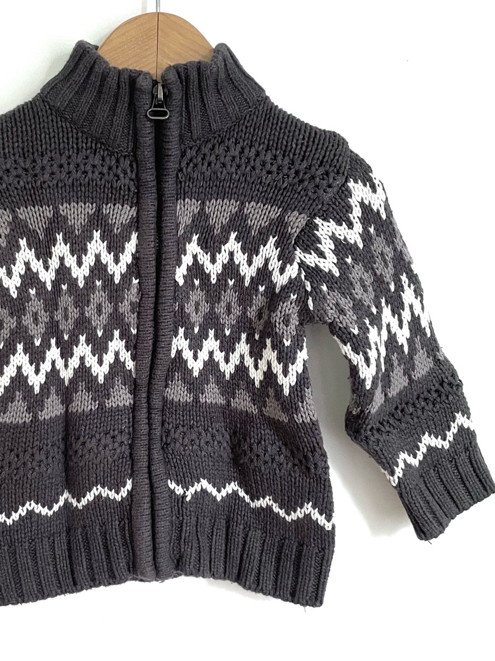 $6 💥Nordic Fair Isle Full-Zip Up Cardigan Sweater, Thick Jacquard Knit, Grey